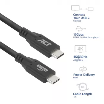 ACT USB 3.0 10Gbps 60W USB Type-C kábel, 1 meter, 1 m, USB C, USB C, USB 3.2 Gen 2 (3.1 Gen 2), 10 Gbit/s, čierna
