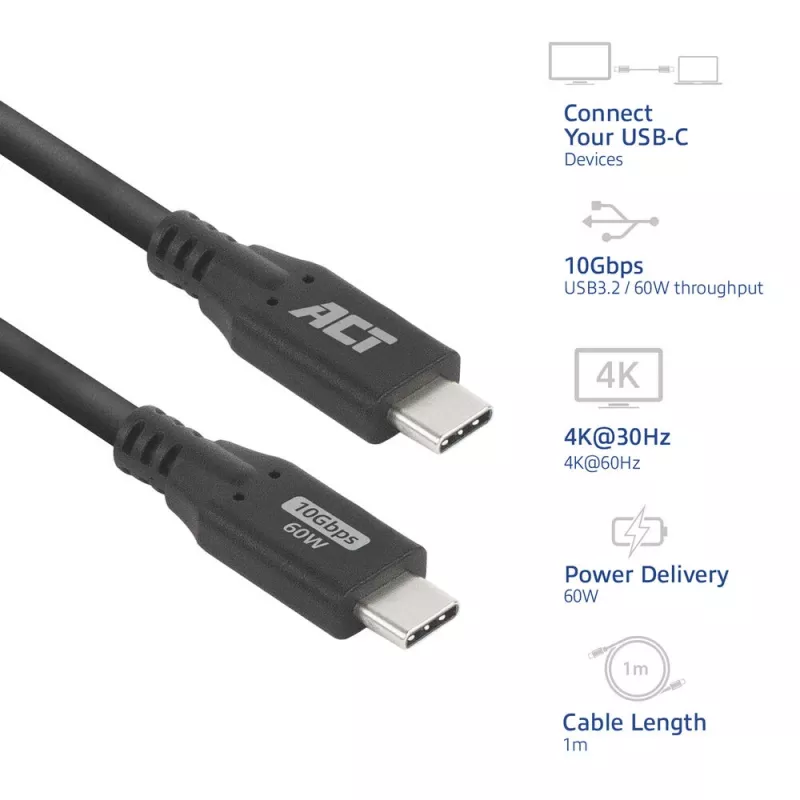 ACT USB 3.0 10Gbps 60W USB Type-C kábel, 1 meter, 1 m, USB C, USB C, USB 3.2 Gen 2 (3.1 Gen 2), 10 Gbit/s, čierna