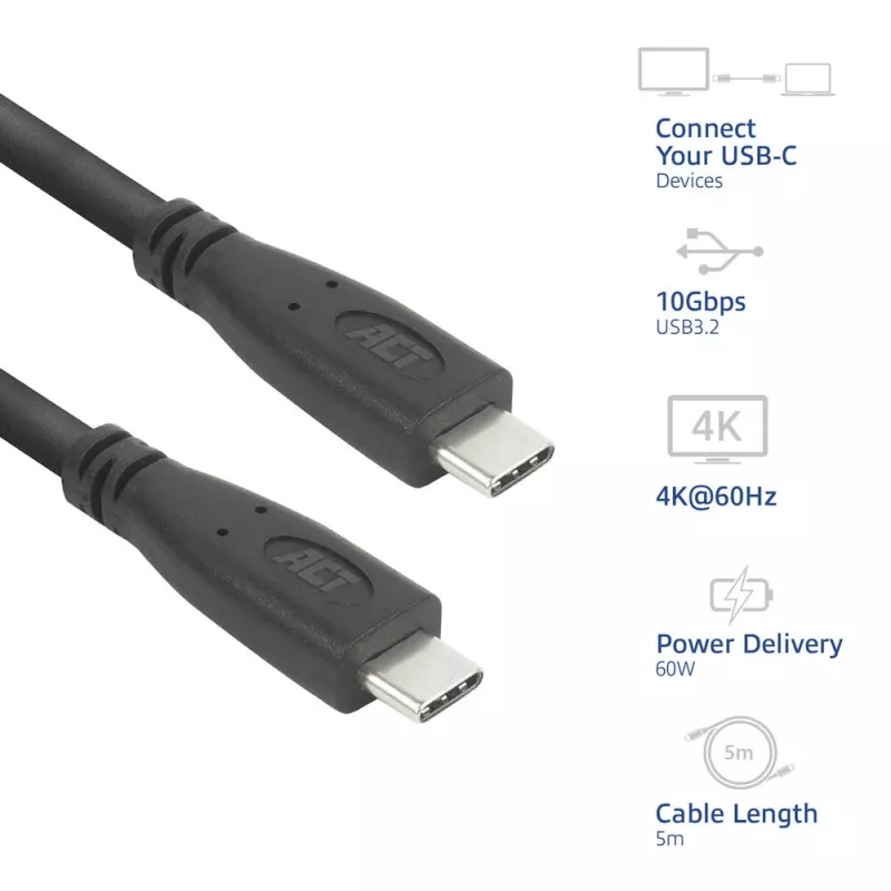 ACT AC7445 USB kábel USB 3.2 Gen 2 (3.1 Gen 2) 5 m USB C 10 Gbit/s 60 W čierny