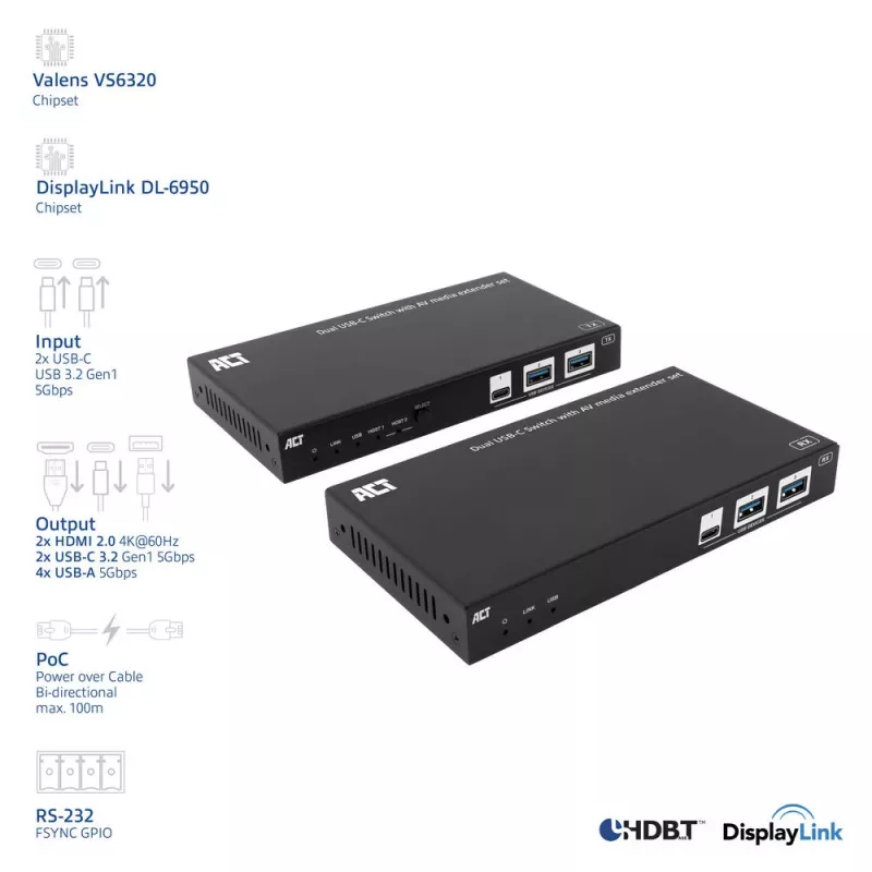 ACT AV Sada predlžovačov médií s duálnym USB-C switchom, CAT6A, 100 metrov