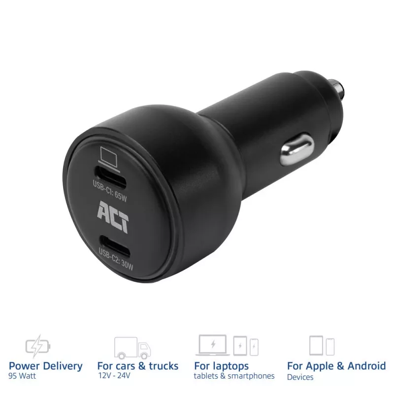 ACT 2-portová USB-C rýchlonabíjačka do auta 95W s Power Delivery PPS, Quick Charge a GaNFast