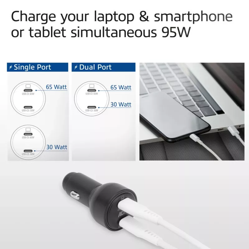 ACT 2-portová USB-C rýchlonabíjačka do auta 95W s Power Delivery PPS, Quick Charge a GaNFast
