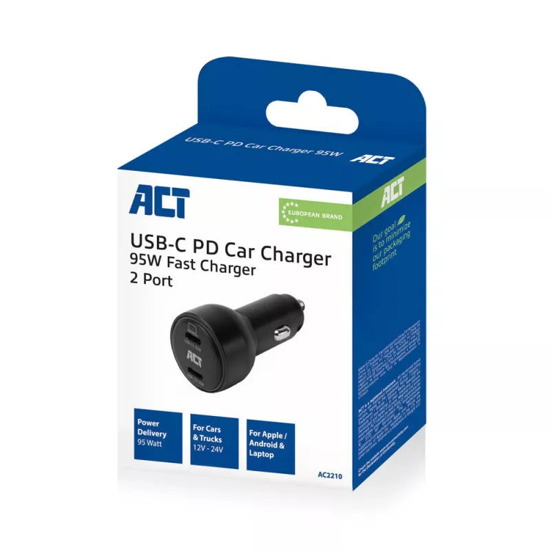 ACT 2-portová USB-C rýchlonabíjačka do auta 95W s Power Delivery PPS, Quick Charge a GaNFast
