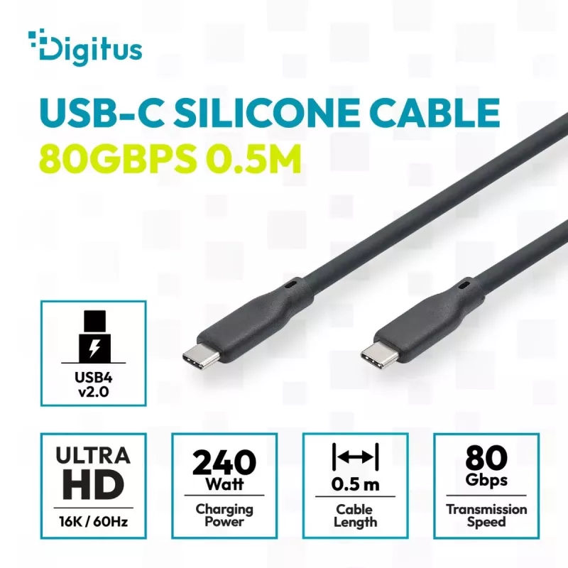 DIGITUS USB4 Version 2.0 Silicone kábel USB-C na USB-C 80Gbps 240W 16K 0,5m čierny AK-300350-005-S
