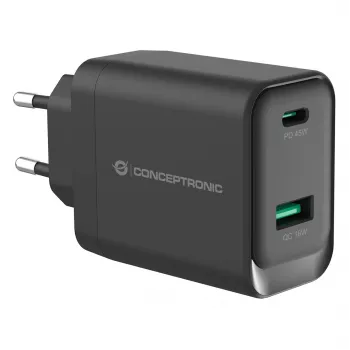 Conceptronic ALTHEA20B45 45W GaN USB-C PD & USB-A QC 3.0 dvojportová nástenná nabíjačka čierna