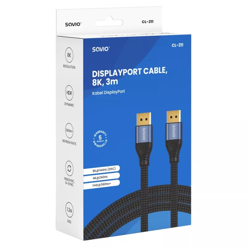 SAVIO CL-211 DisplayPort 2.1 kábel 3m čierny