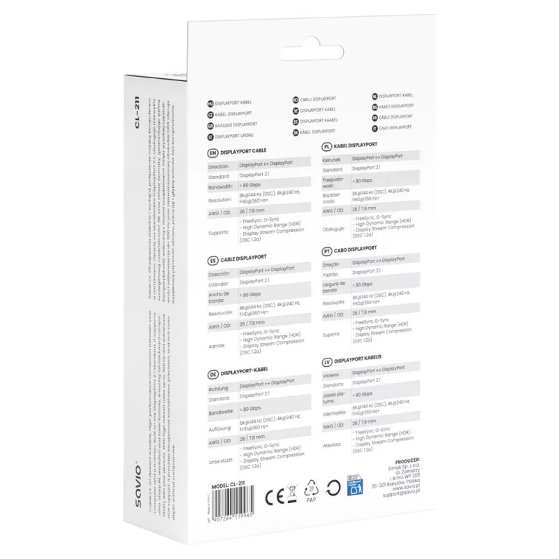 SAVIO CL-211 DisplayPort 2.1 kábel 3m čierny