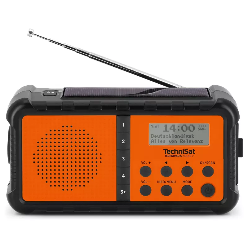 TechniSat TechniRadio Solar 2 DAB+/FM prenosné rádio so solárnym panelom a ručnou kľukou, čierna/oranžová