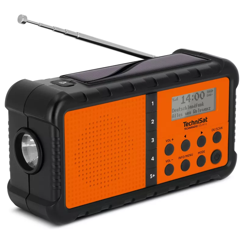 TechniSat TechniRadio Solar 2 DAB+/FM prenosné rádio so solárnym panelom a ručnou kľukou, čierna/oranžová
