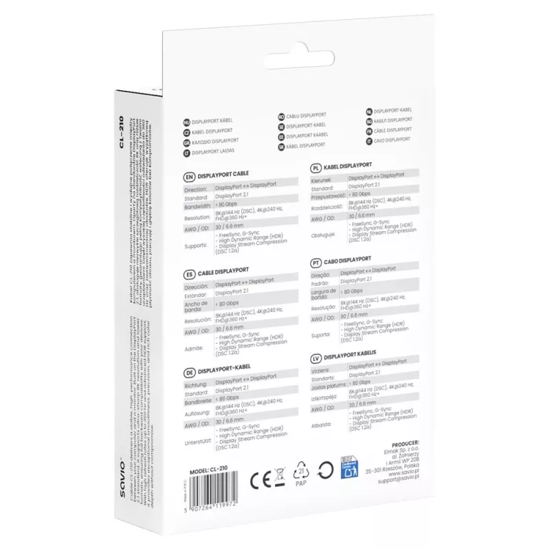 SAVIO CL-210 DisplayPort 2.1 kábel 2m čierny