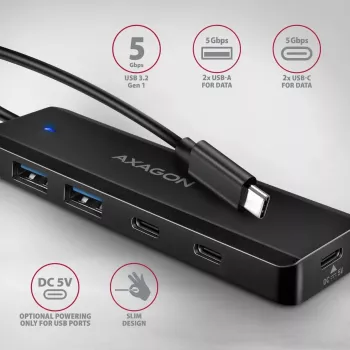 AXAGON HUE-C2C USB-C 5 Gbps cestovný hub, 2x USB-A + 2x USB-C, USB-C Power IN, kábel 19 cm