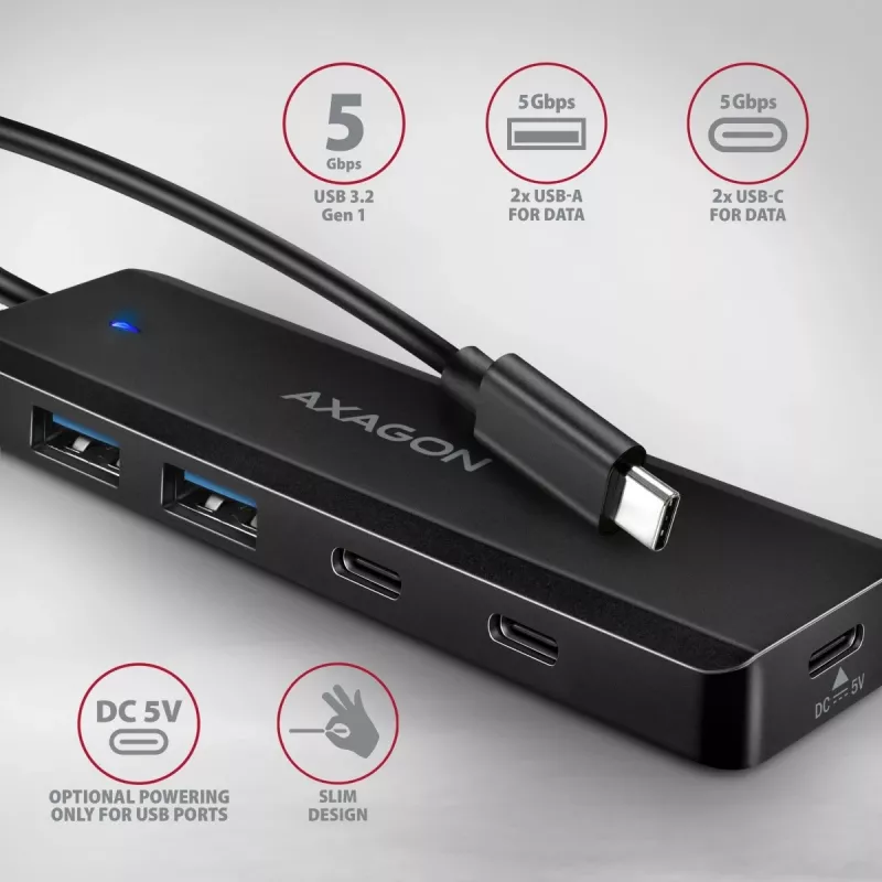 AXAGON HUE-C2C USB-C 5 Gbps cestovný hub, 2x USB-A + 2x USB-C, USB-C Power IN, kábel 19 cm