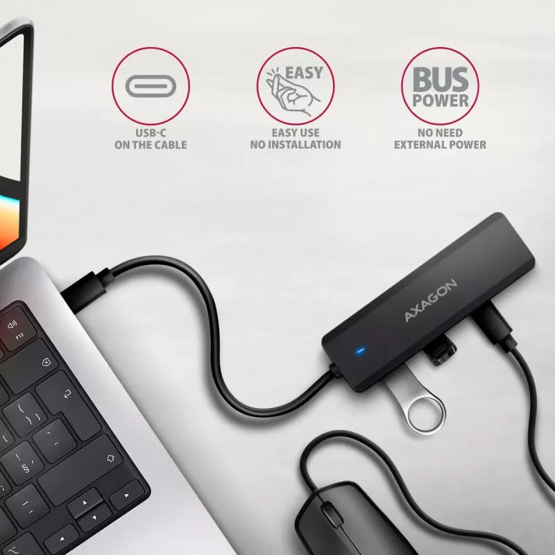 AXAGON HUE-C2C USB-C 5 Gbps cestovný hub, 2x USB-A + 2x USB-C, USB-C Power IN, kábel 19 cm