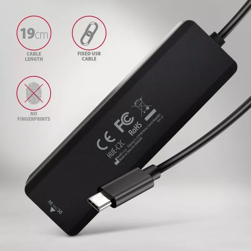 AXAGON HUE-C2C USB-C 5 Gbps cestovný hub, 2x USB-A + 2x USB-C, USB-C Power IN, kábel 19 cm