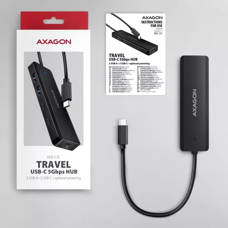 AXAGON HUE-C2C USB-C 5 Gbps cestovný hub, 2x USB-A + 2x USB-C, USB-C Power IN, kábel 19 cm