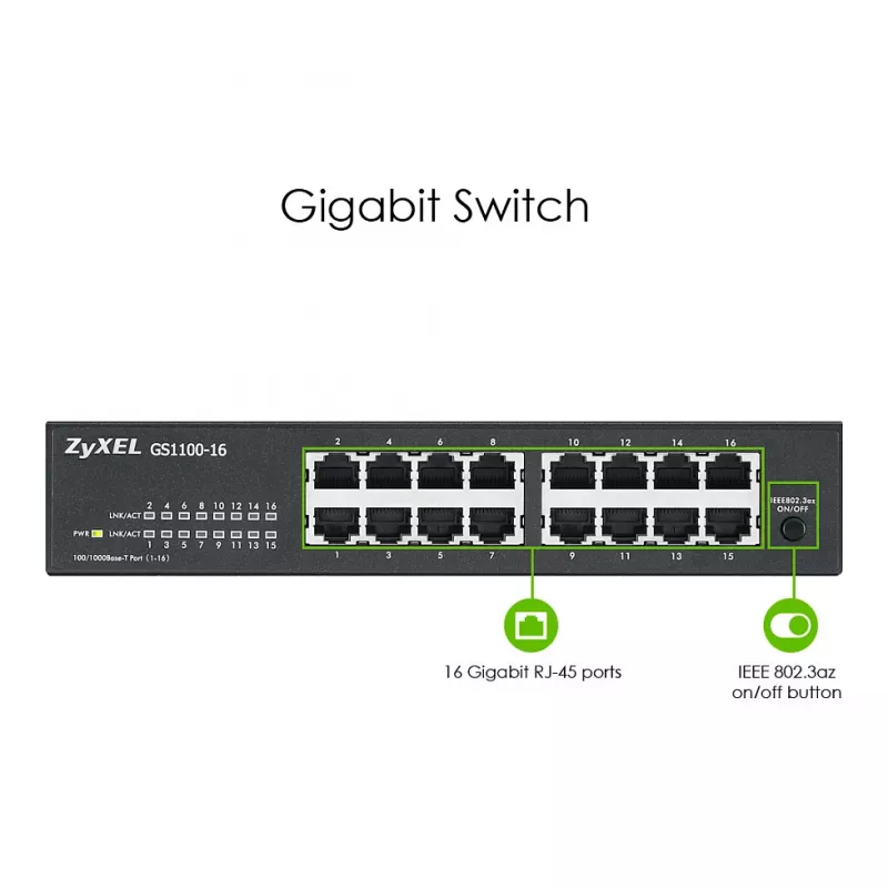 ZyXEL GS1100-16E 16-portový gigabitový neupravovateľný kovový switch