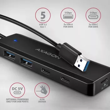 AXAGON HUE-C2A 5 Gbps cestovný hub, 2x USB-A + 2x USB-C, USB-C Power IN, kábel USB-A 19 cm