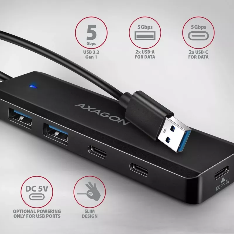 AXAGON HUE-C2A 5 Gbps cestovný hub, 2x USB-A + 2x USB-C, USB-C Power IN, kábel USB-A 19 cm