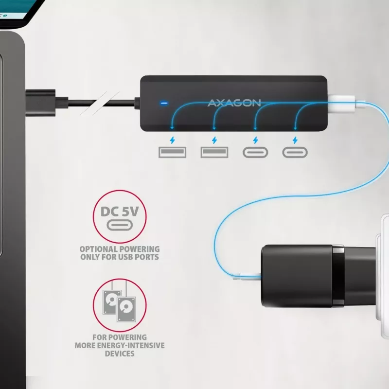 AXAGON HUE-C2A 5 Gbps cestovný hub, 2x USB-A + 2x USB-C, USB-C Power IN, kábel USB-A 19 cm