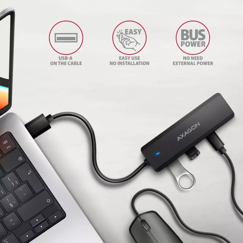 AXAGON HUE-C2A 5 Gbps cestovný hub, 2x USB-A + 2x USB-C, USB-C Power IN, kábel USB-A 19 cm