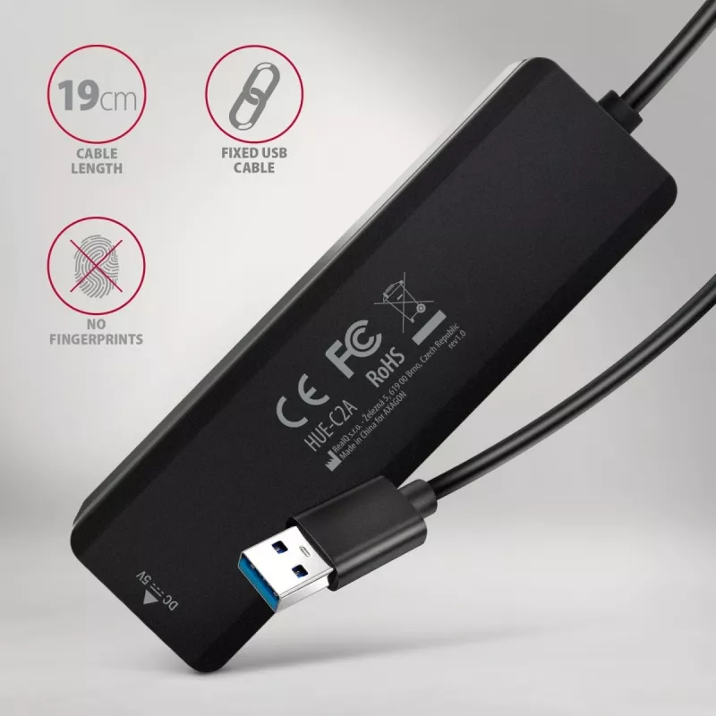 AXAGON HUE-C2A 5 Gbps cestovný hub, 2x USB-A + 2x USB-C, USB-C Power IN, kábel USB-A 19 cm