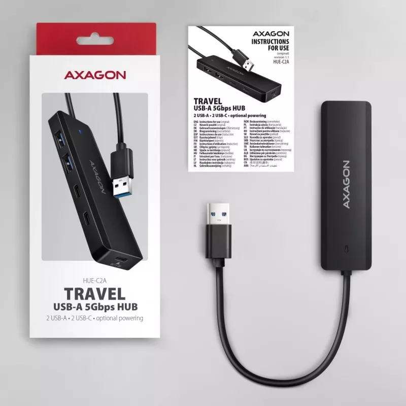 AXAGON HUE-C2A 5 Gbps cestovný hub, 2x USB-A + 2x USB-C, USB-C Power IN, kábel USB-A 19 cm