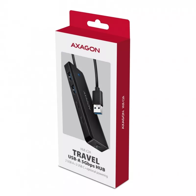 AXAGON HUE-C2A 5 Gbps cestovný hub, 2x USB-A + 2x USB-C, USB-C Power IN, kábel USB-A 19 cm