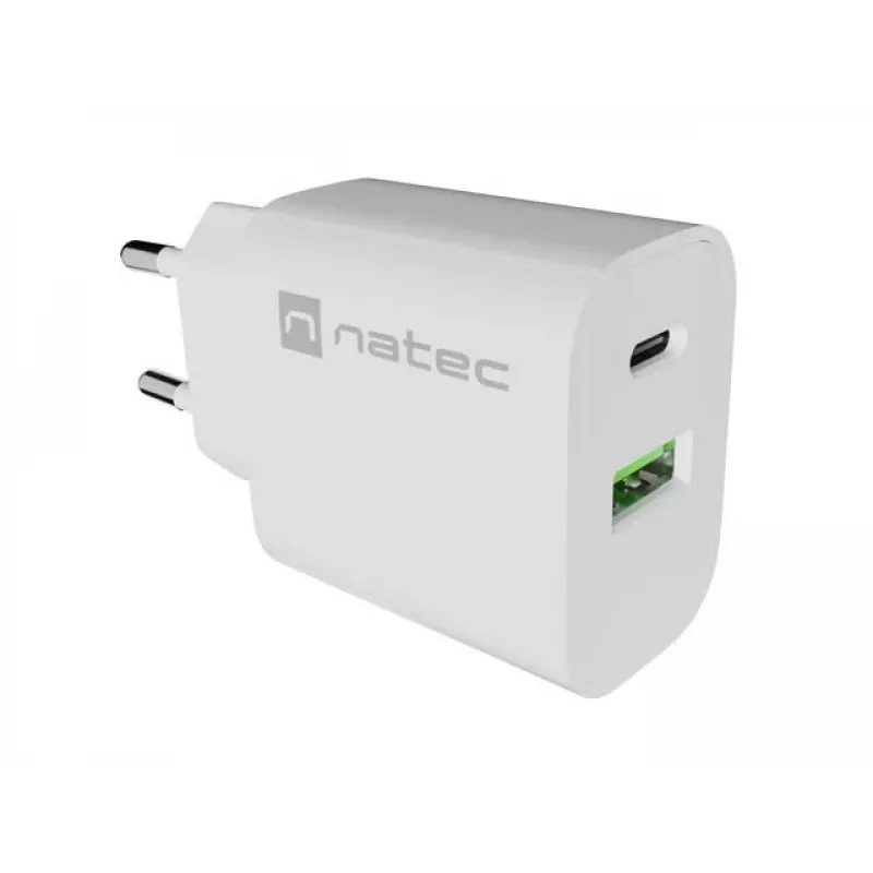NATEC Ribera nástenná nabíjačka 1x USB-A + 1x USB-C 20W biela