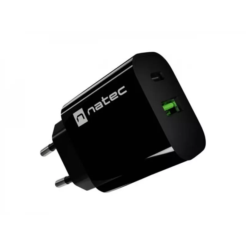 NATEC Ribera nástenná nabíjačka 1x USB-A + 1x USB-C 20W čierna