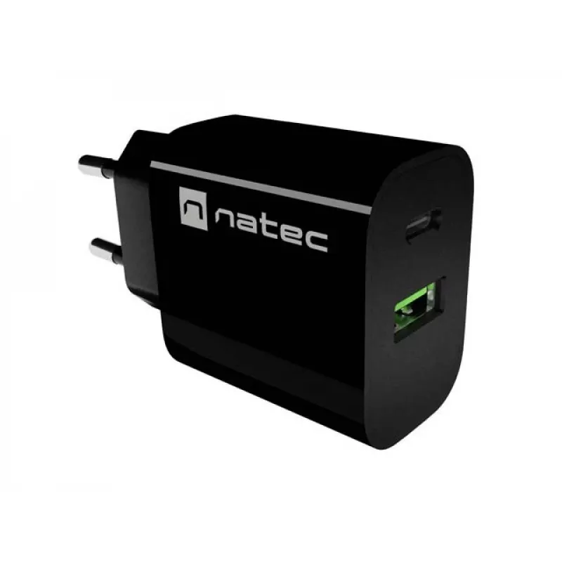 NATEC Ribera nástenná nabíjačka 1x USB-A + 1x USB-C 20W čierna