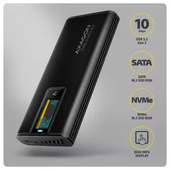 AXAGON EEM2-SD2B externé puzdro 10Gbps M.2 NVMe/SATA SSD s LED indikátorom, USB-C, čierne