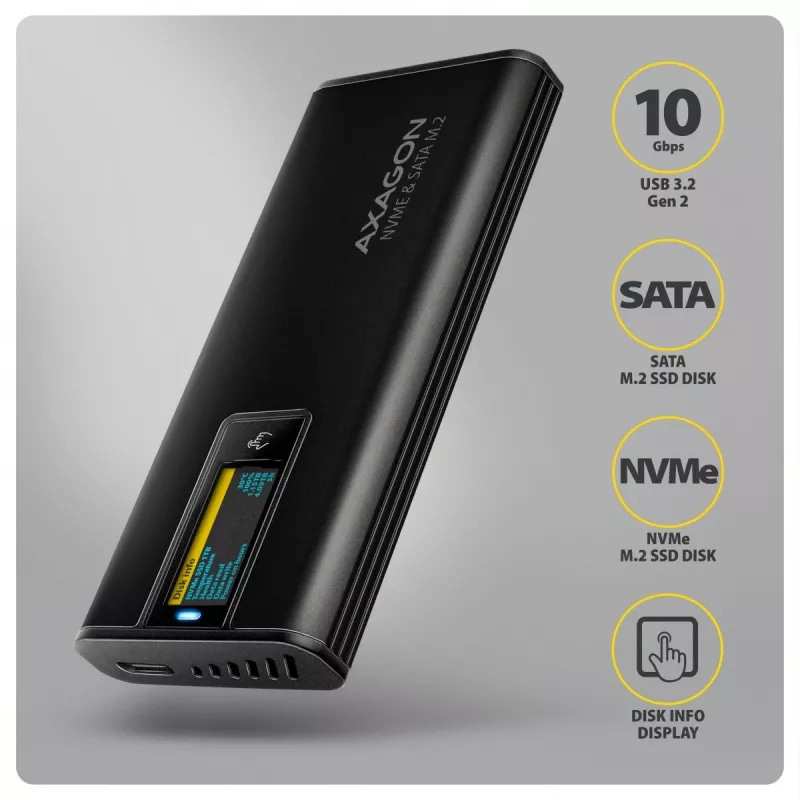 AXAGON EEM2-SD2B externé puzdro 10Gbps M.2 NVMe/SATA SSD s LED indikátorom, USB-C, čierne