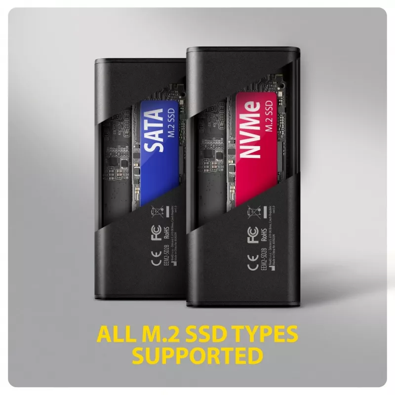 AXAGON EEM2-SD2B externé puzdro 10Gbps M.2 NVMe/SATA SSD s LED indikátorom, USB-C, čierne