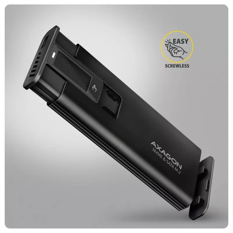 AXAGON EEM2-SD2B externé puzdro 10Gbps M.2 NVMe/SATA SSD s LED indikátorom, USB-C, čierne