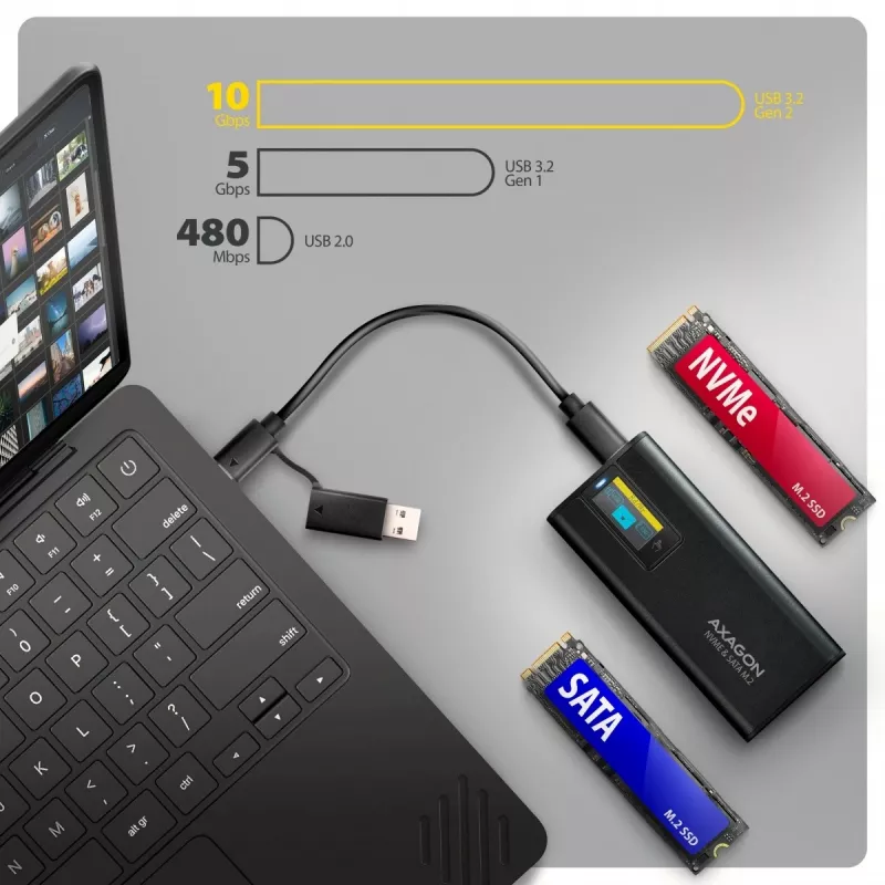 AXAGON EEM2-SD2B externé puzdro 10Gbps M.2 NVMe/SATA SSD s LED indikátorom, USB-C, čierne