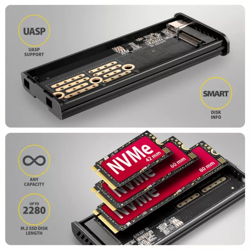 AXAGON EEM2-SD2B externé puzdro 10Gbps M.2 NVMe/SATA SSD s LED indikátorom, USB-C, čierne