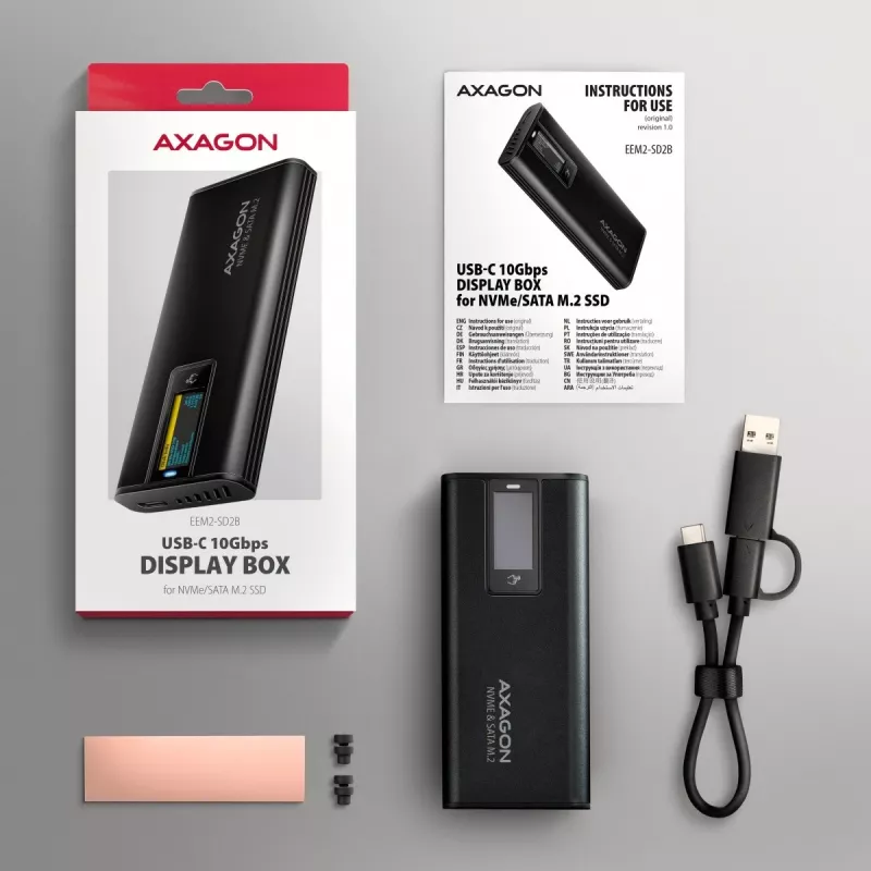 AXAGON EEM2-SD2B externé puzdro 10Gbps M.2 NVMe/SATA SSD s LED indikátorom, USB-C, čierne