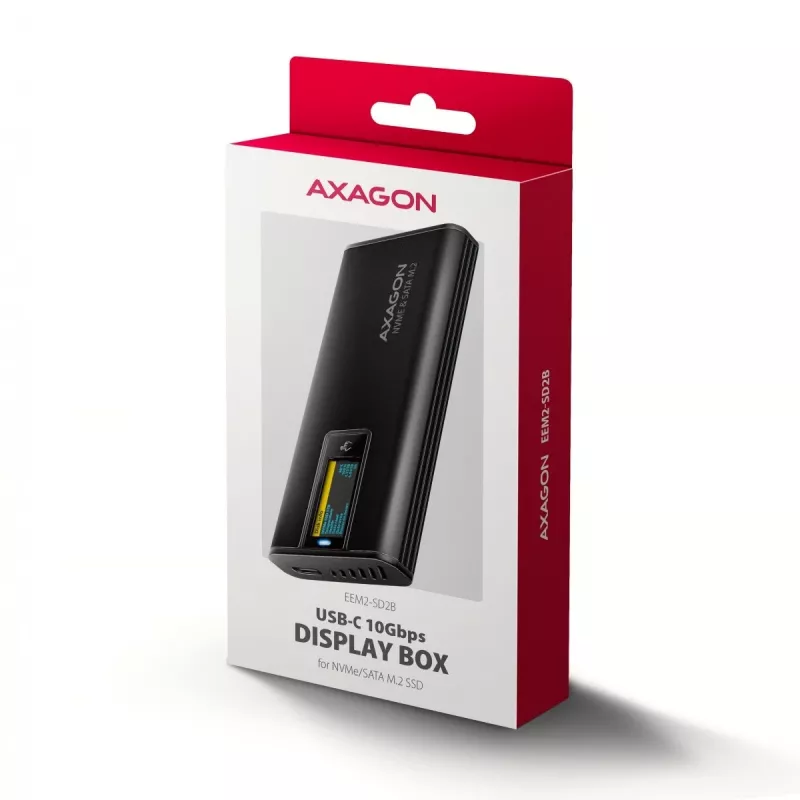 AXAGON EEM2-SD2B externé puzdro 10Gbps M.2 NVMe/SATA SSD s LED indikátorom, USB-C, čierne