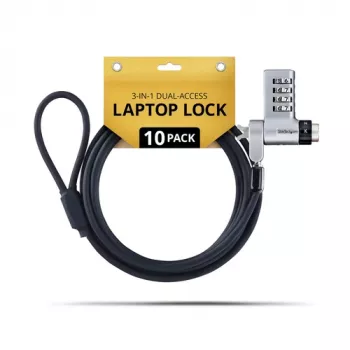 StarTech.com UDUOKA10-LAPTOP-LOCK balenie 10 ks 3-in-1 zámok na notebook - rovnaký kľúč/kombinovaný bezpečnostný káblový zámok - ochrana proti krádeži - čierna & strieborná - 2 m - TAA kompatibilné