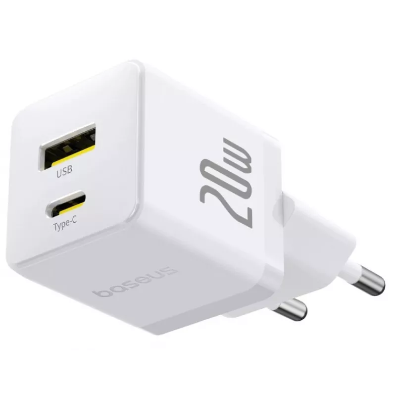 Baseus Palm 20W nástenná nabíjačka USB-C + USB-A, biela