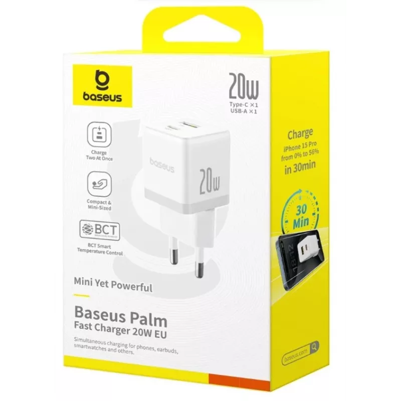 Baseus Palm 20W nástenná nabíjačka USB-C + USB-A, biela