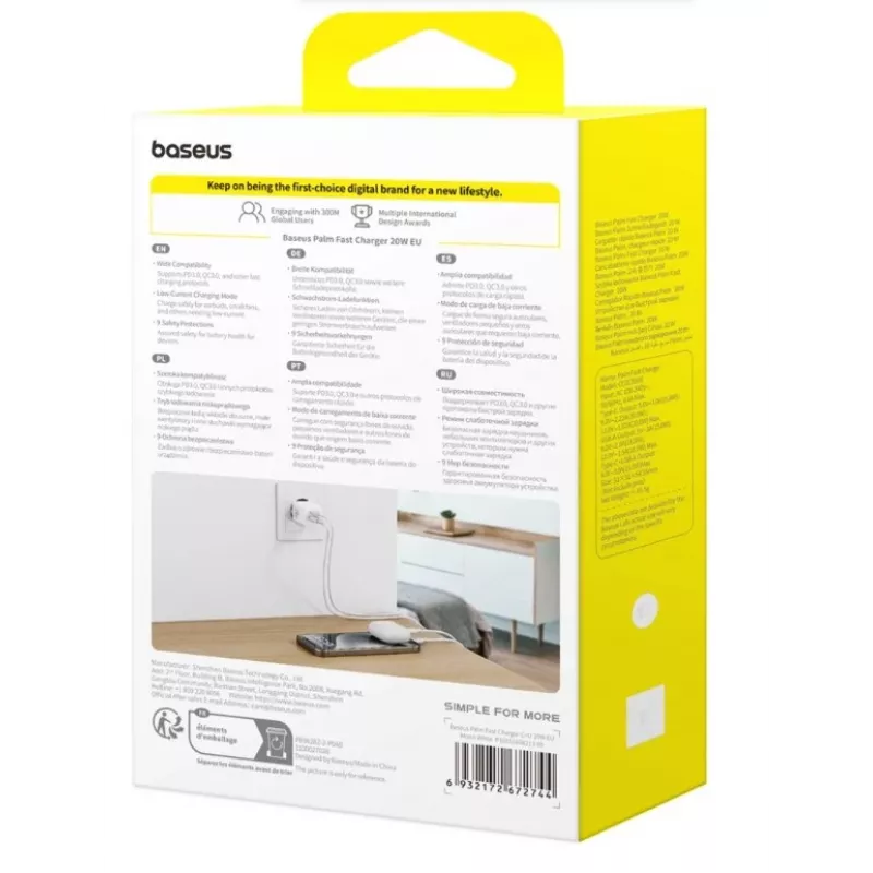 Baseus Palm 20W nástenná nabíjačka USB-C + USB-A, biela