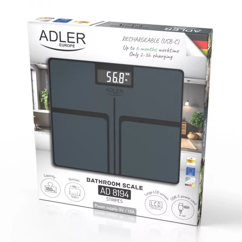 Adler AD 8194s digitálna osobná váha, biela, pruhovaný vzor, nosnosť 180 kg