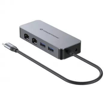 CONCEPTRONIC adaptér USB-C na 2x Gigabit Ethernet + 2x USB-A 3.2 Gen 1, 0,3m, sivý