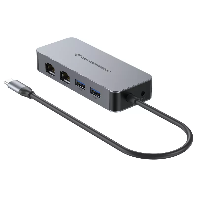 CONCEPTRONIC adaptér USB-C na 2x Gigabit Ethernet + 2x USB-A 3.2 Gen 1, 0,3m, sivý