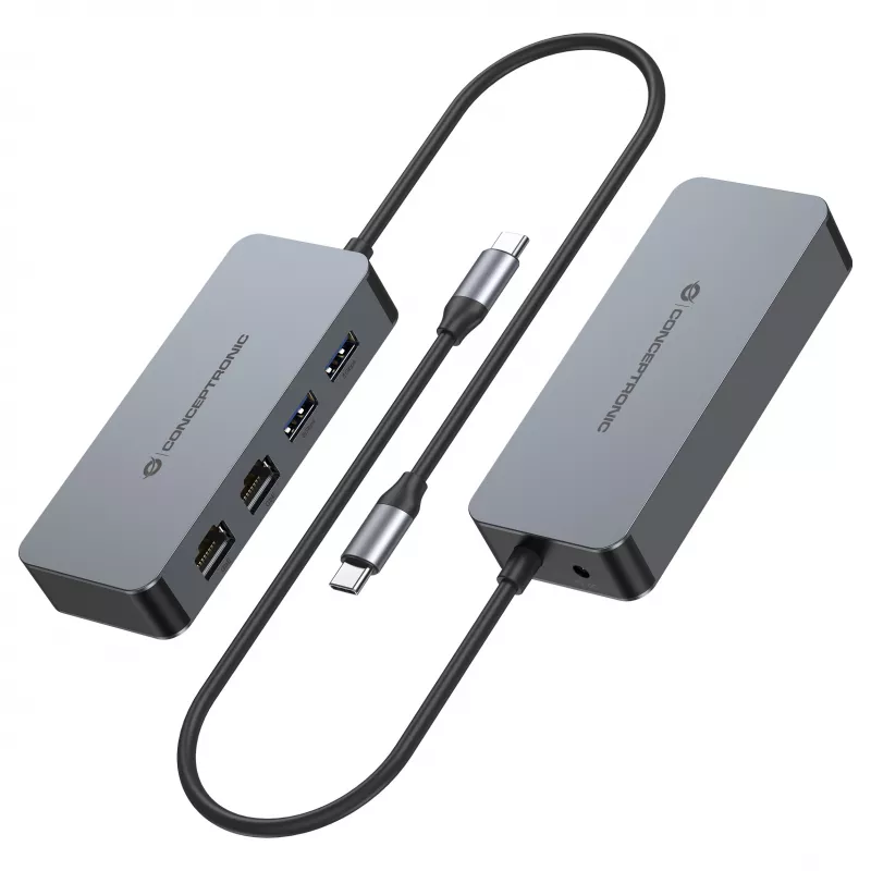 CONCEPTRONIC adaptér USB-C na 2x Gigabit Ethernet + 2x USB-A 3.2 Gen 1, 0,3m, sivý