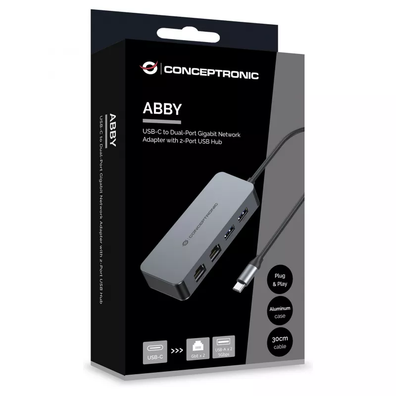 CONCEPTRONIC adaptér USB-C na 2x Gigabit Ethernet + 2x USB-A 3.2 Gen 1, 0,3m, sivý