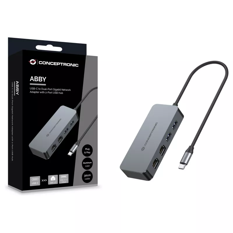 CONCEPTRONIC adaptér USB-C na 2x Gigabit Ethernet + 2x USB-A 3.2 Gen 1, 0,3m, sivý