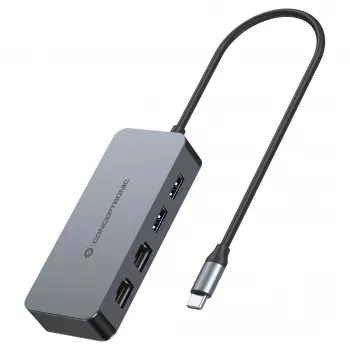 CONCEPTRONIC adaptér USB-C na 2x Gigabit Ethernet + 2x USB-A 3.2 Gen 1, 0,3m, sivý