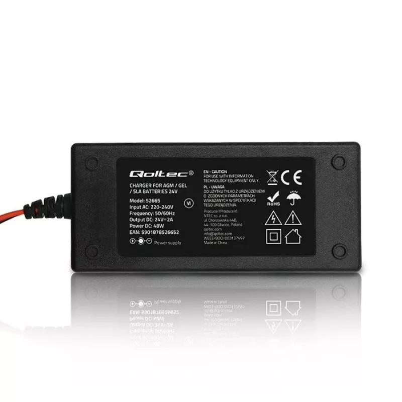 Qoltec 52665 Automatická nabíjačka batérií pre AGM GEL STD batérie, 24V 2A 48W, LED displej, 1,8m kábel